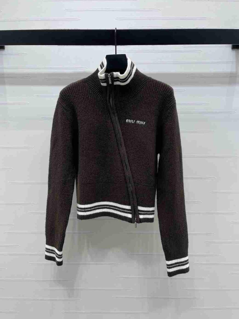 Miu Miu Dark Brown Knit Bomber with White Stripe Trim